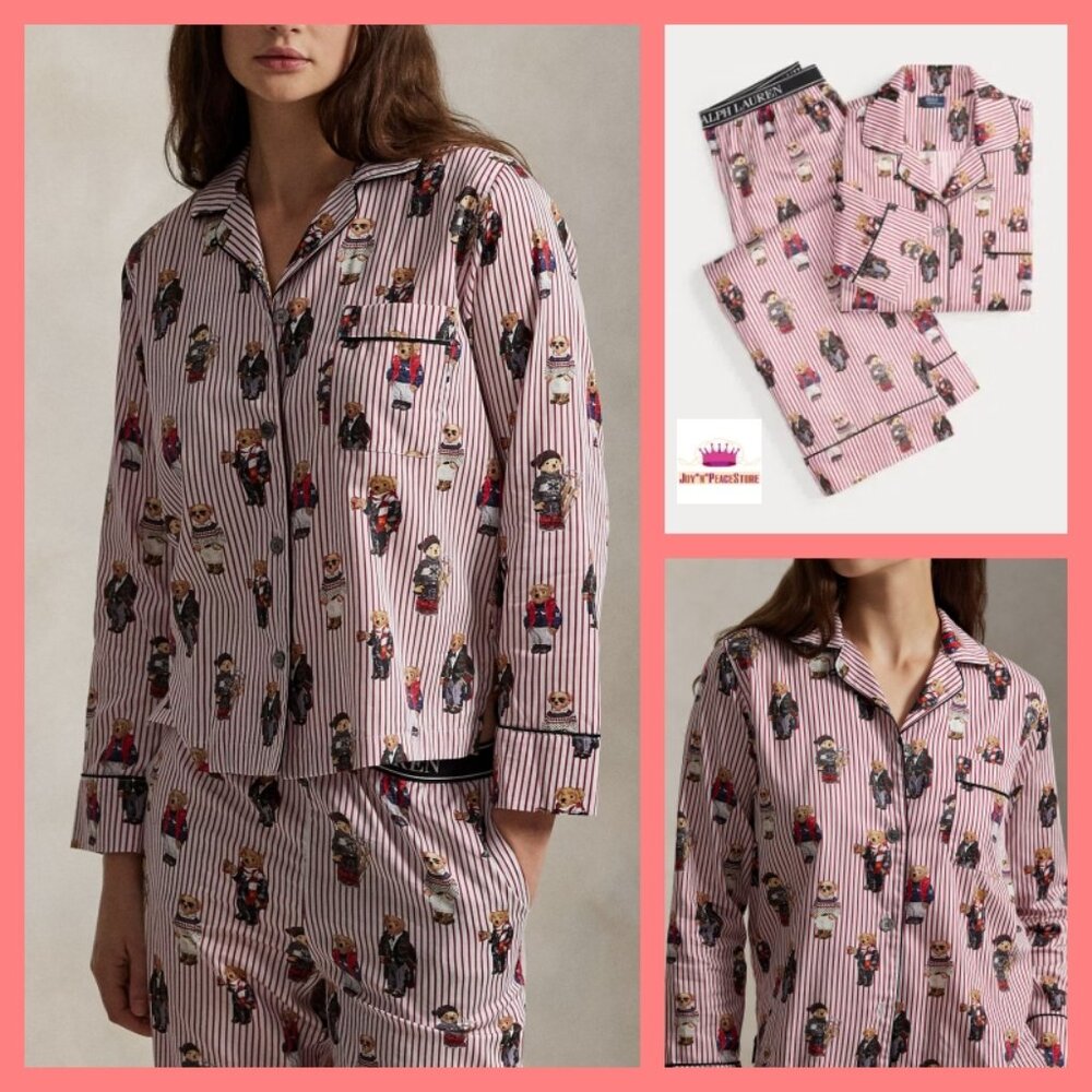 $198 Women's Ralph Lauren Polo Bear Cotton Sateen Red Pajamas 2-pc Gift Bag Set
